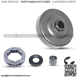 Clutch Drum Rim Sprocket Washer 3/8"7T Kit For HUSQVARNA 390 390XP 385 385XP Saw, Clutch Drum + Clutch Washer + Clutch Bearing + 3/8-7T Rim Sprocket + E-clip